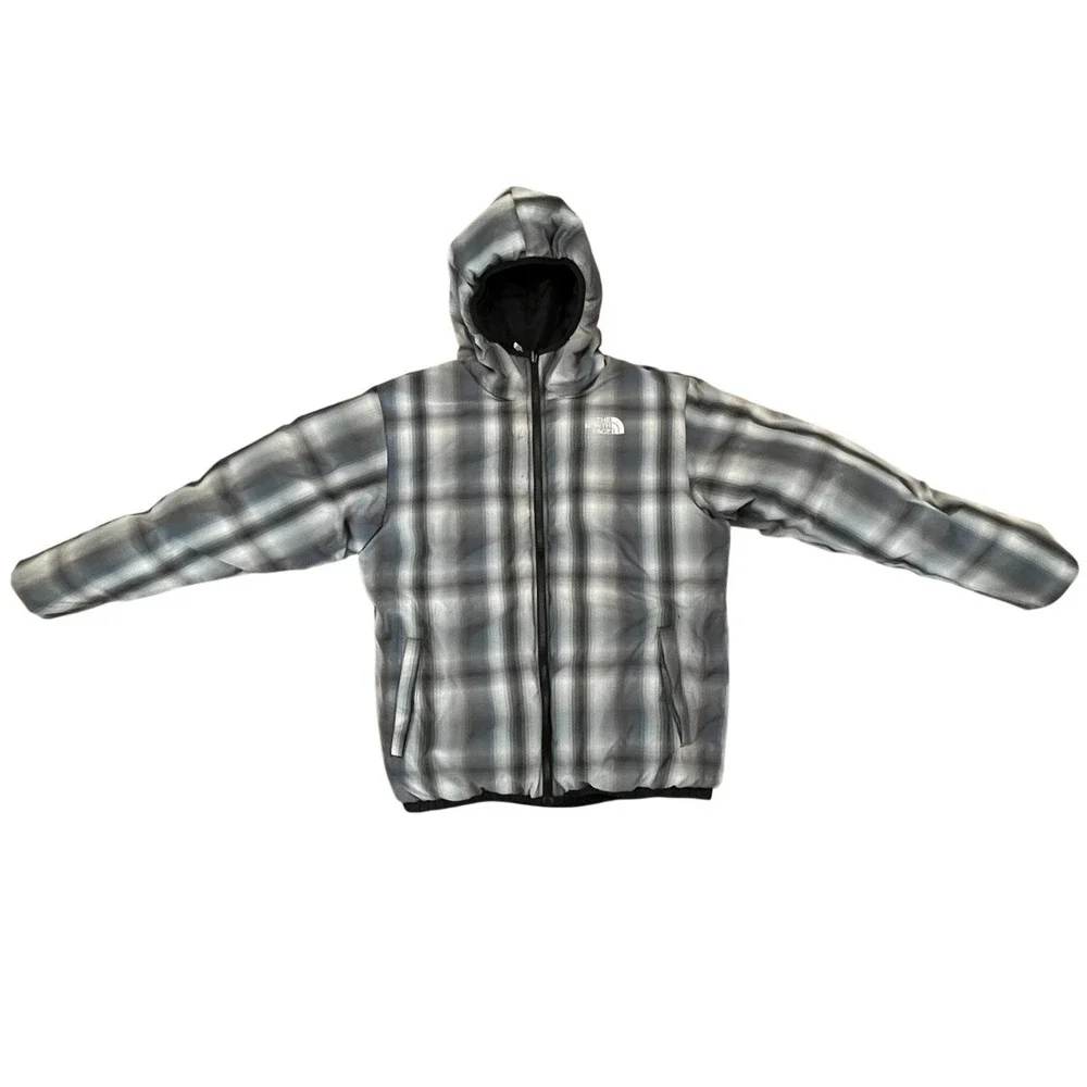 The North Face Reversible 550 Down Puffer Jacket Boys XL 18/20 Black Plaid
